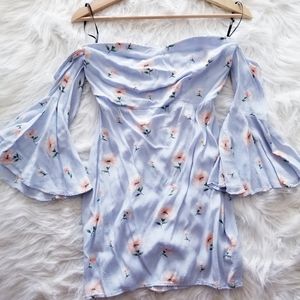 Baby Blue Floral Bell Of Shoulder Mini Dress